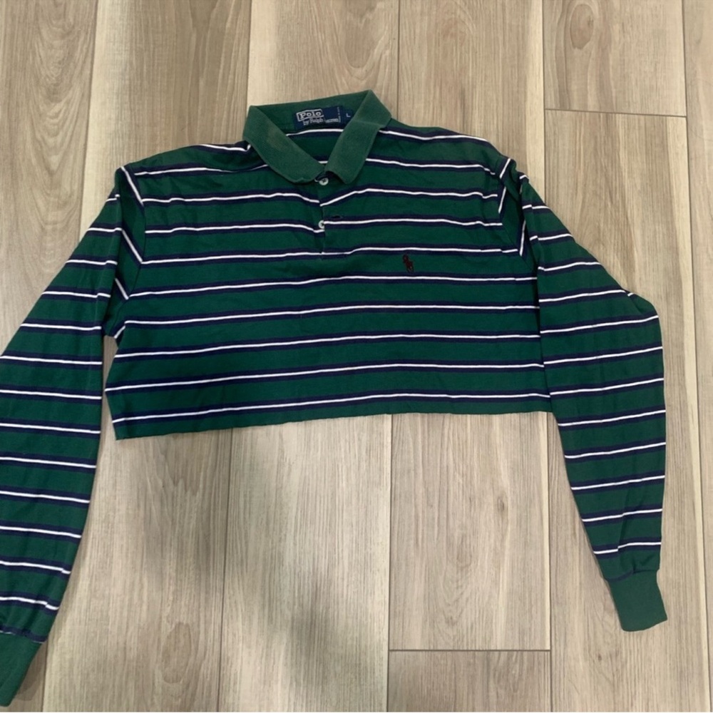 Polo by Ralph Lauren Green Striped Cropped Polo Top